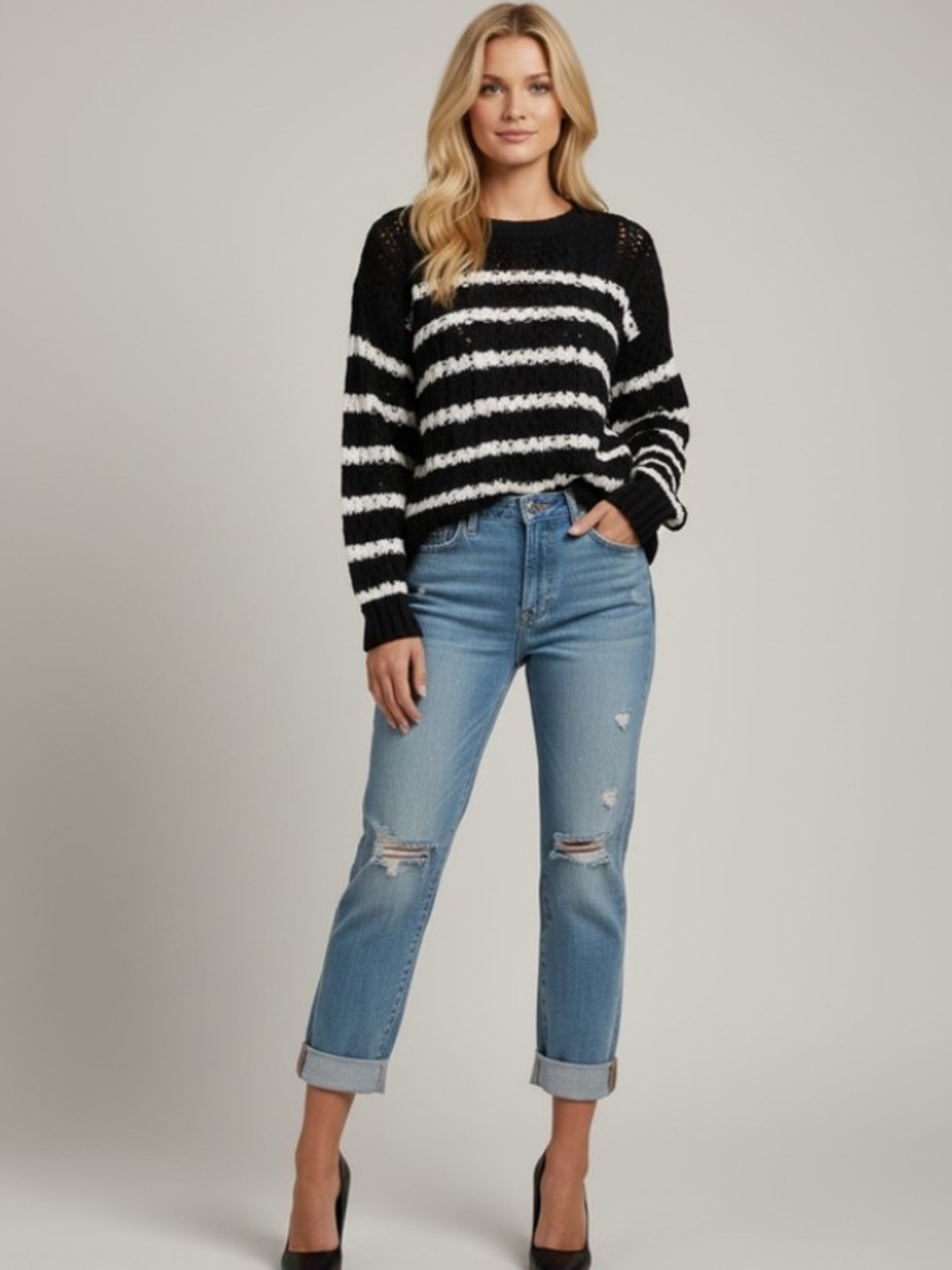 Line The Label Cleo Open Knit Striped Sweater Navy Blue And White Size M